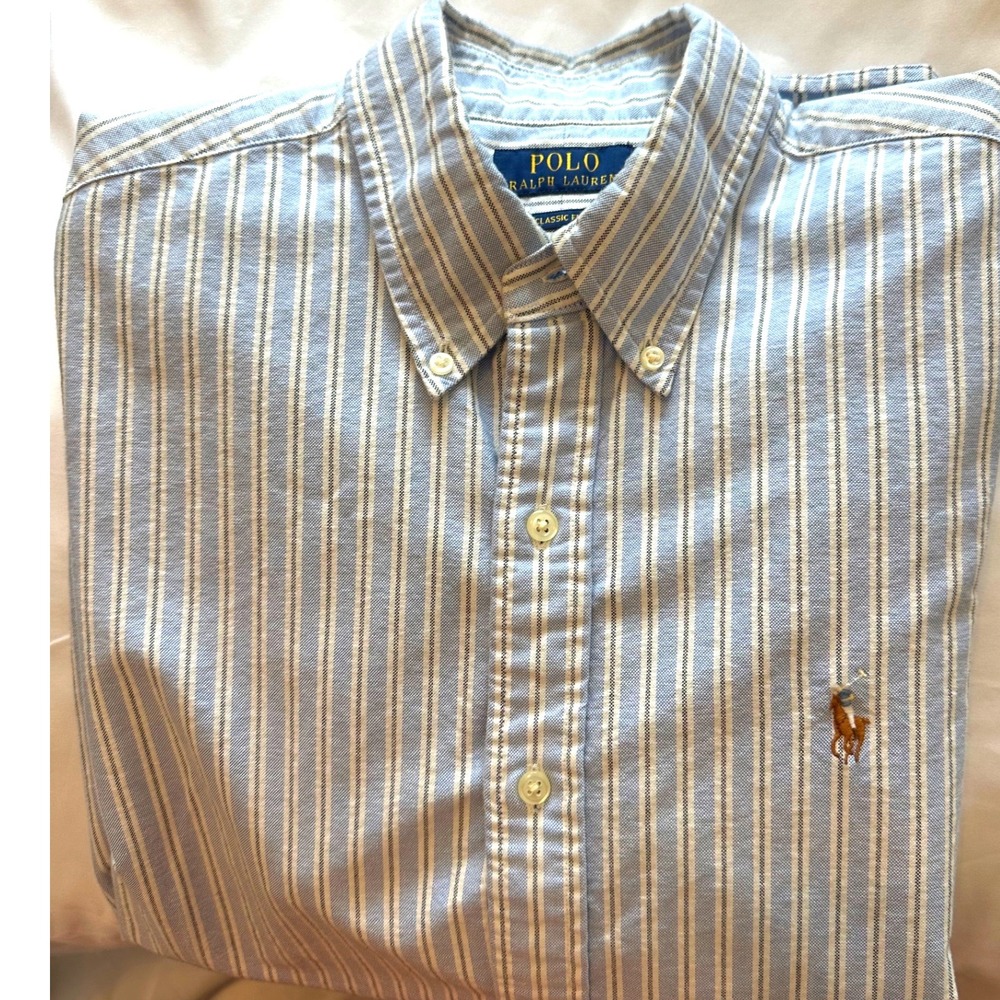 Polo RalphLauren Mens Classic Fit Striped Oxford Shirt Blue/White/Charcoal Large